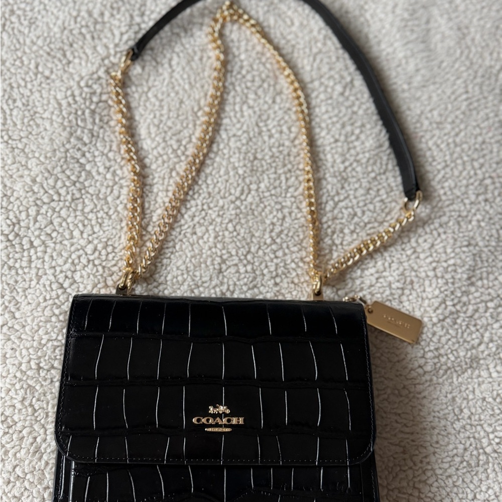 Coach Black Croc-Embossed Leather Crossbody with Gold Chain - Picture 3 of 4